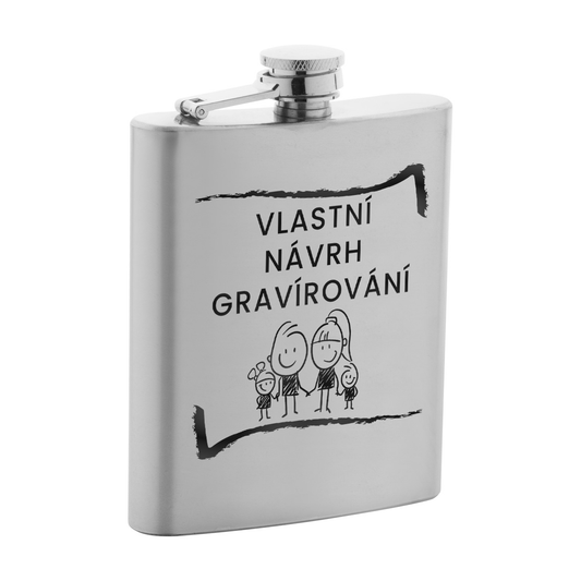 Placatka z nerez oceli s vlastním návrhem gravírování, který si jednoduše vytvoříte v našem konfigurátoru. Objem 200 ml.