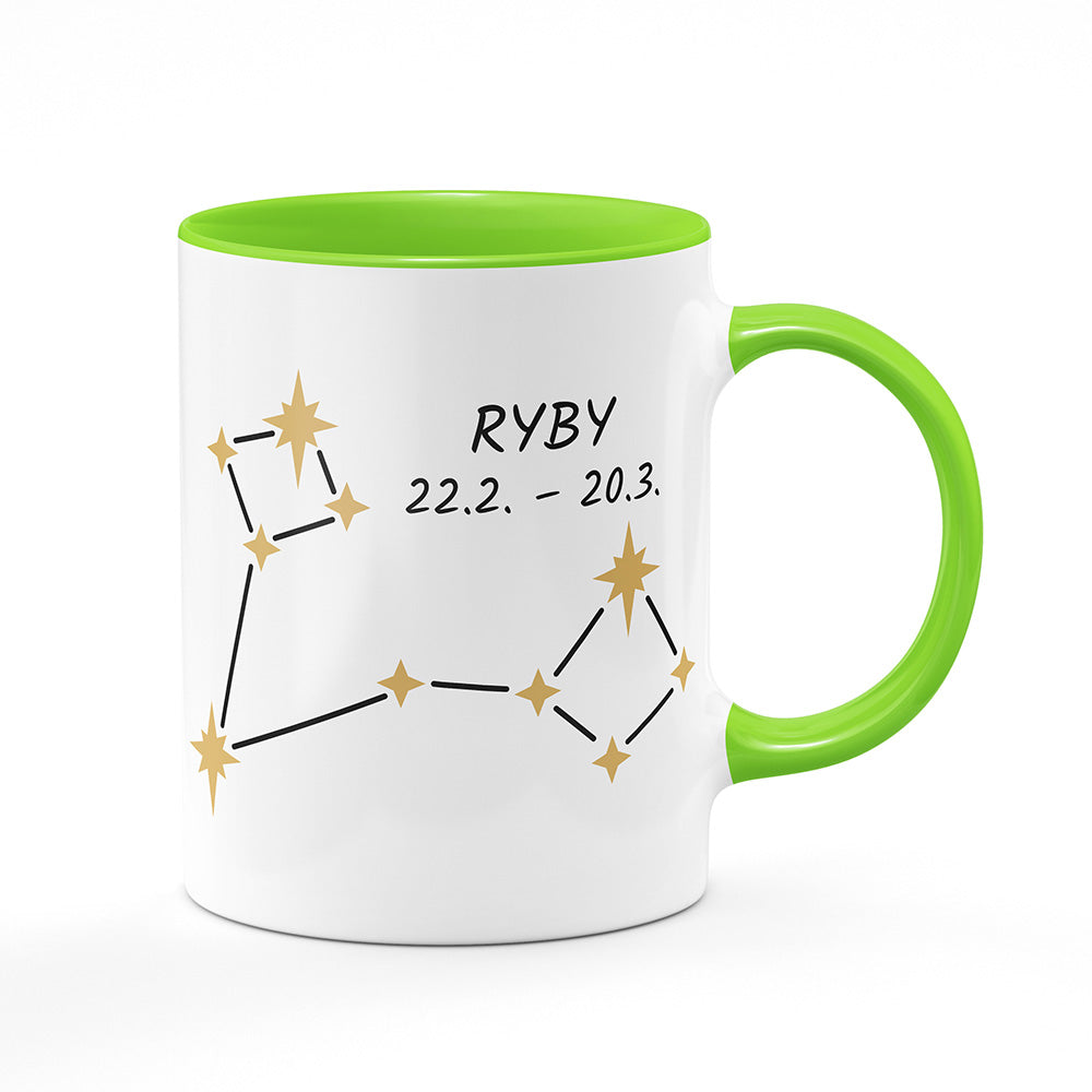 Keramický hrnek bílý s světle zeleným lemem vnitřkem a uchem motiv Ryby