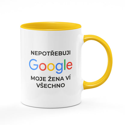 Keramický hrnek bílý s žlutým lemem vnitřkem a uchem motiv Nepotřebuji google...