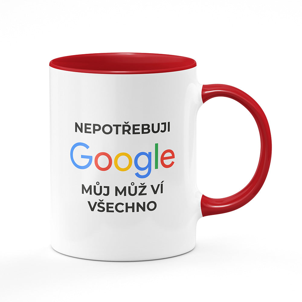 Keramický hrnek bílý s červeným lemem vnitřkem a uchem motiv Nepotřebuji google...