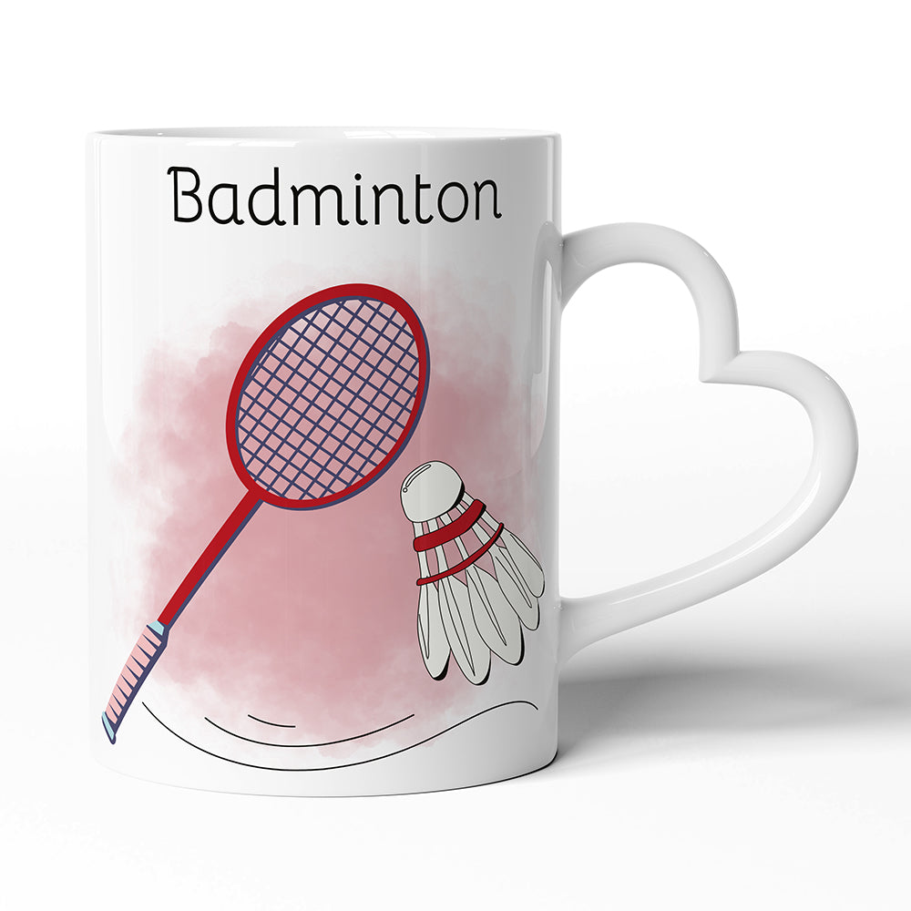 Bílý hrnek s uchem ve tvaru srdce motiv Badminton