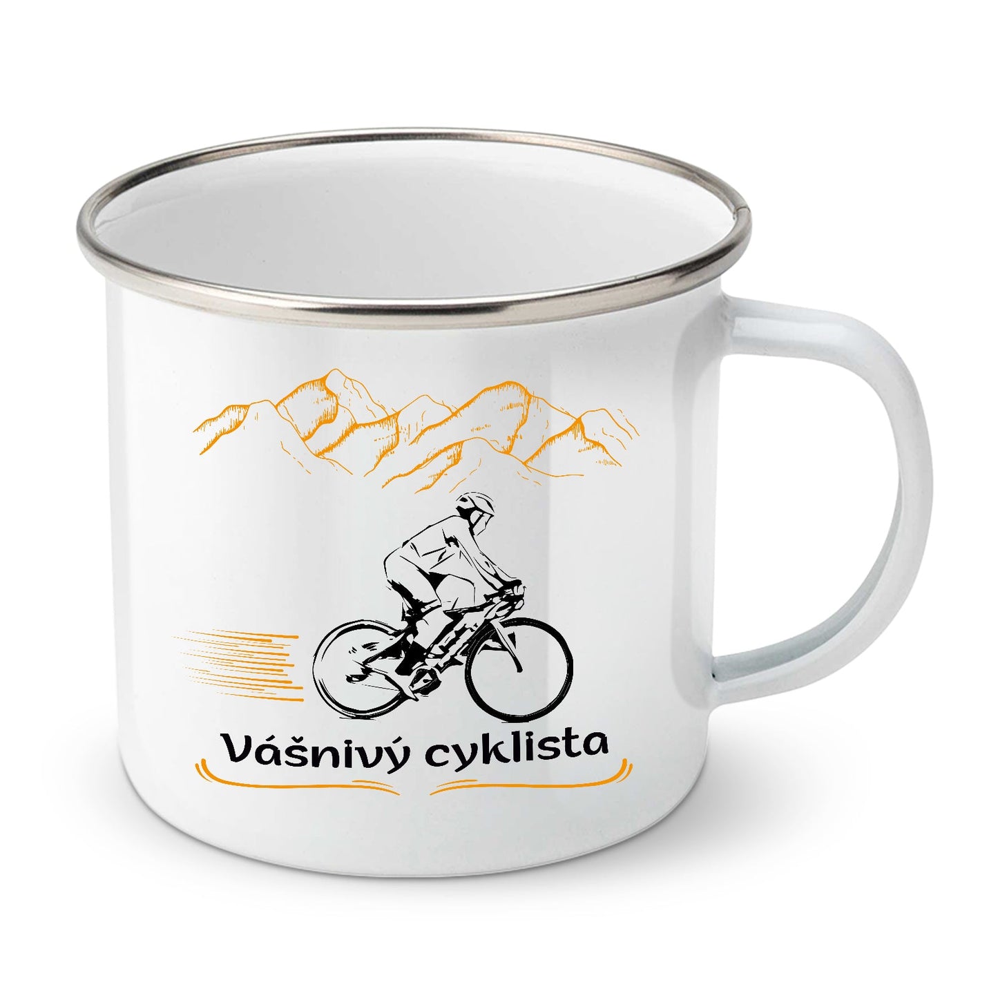 Bílý smaltovaný plechový hrnek motiv Vášnivý cyklista