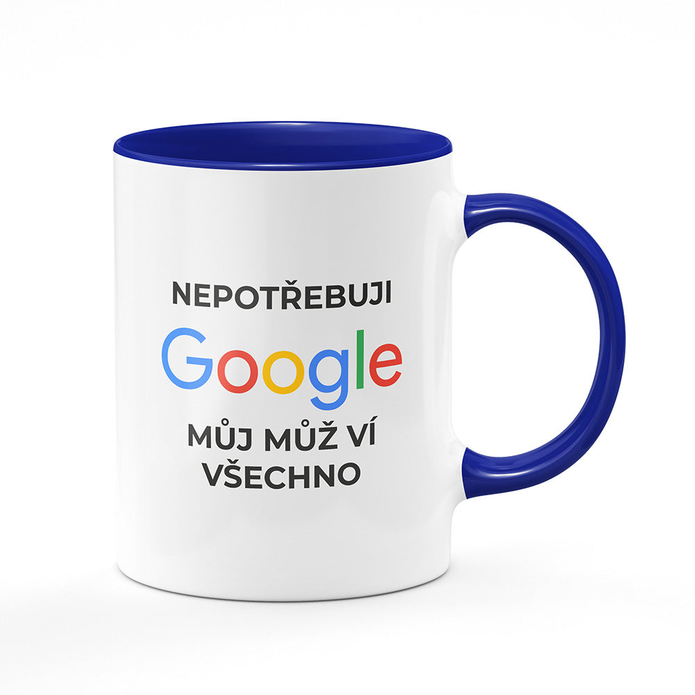 Keramický hrnek bílý s modrým lemem vnitřkem a uchem motiv Nepotřebuji google...