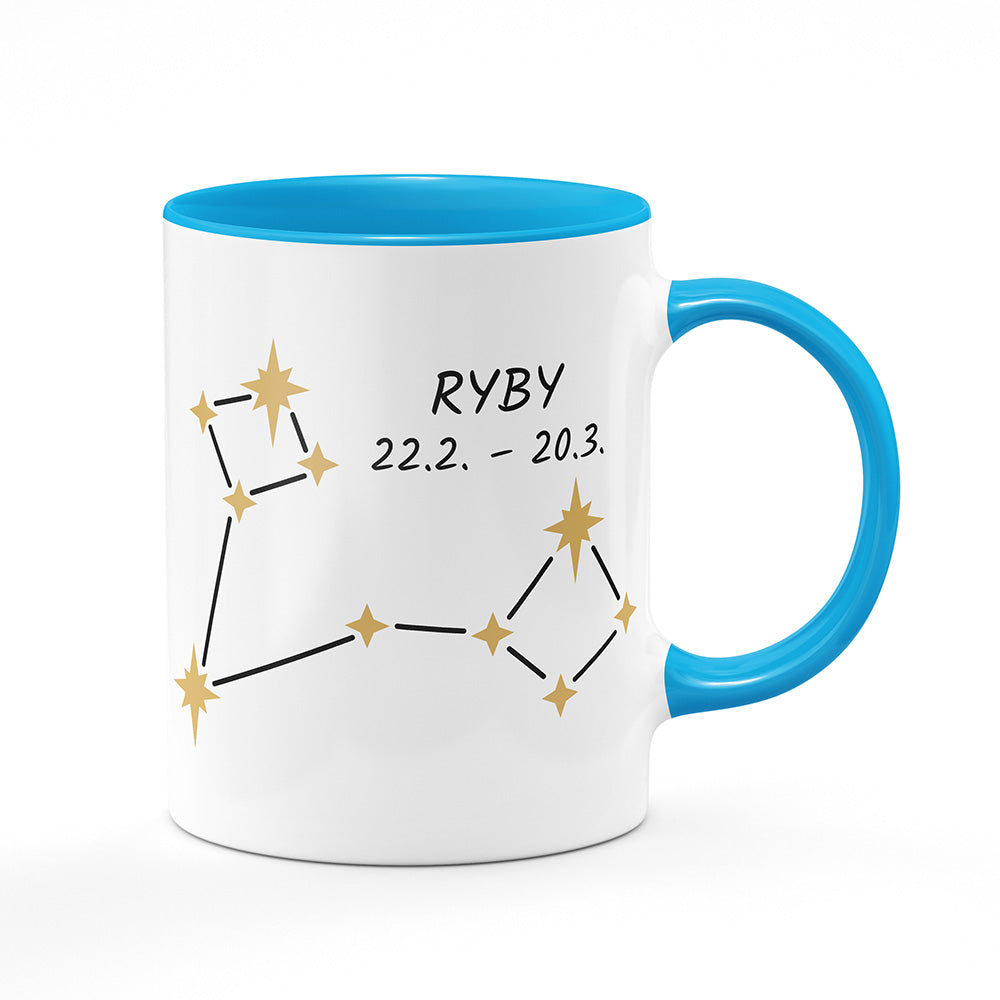 Keramický hrnek bílý s světle modrým lemem vnitřkem a uchem motiv Ryby