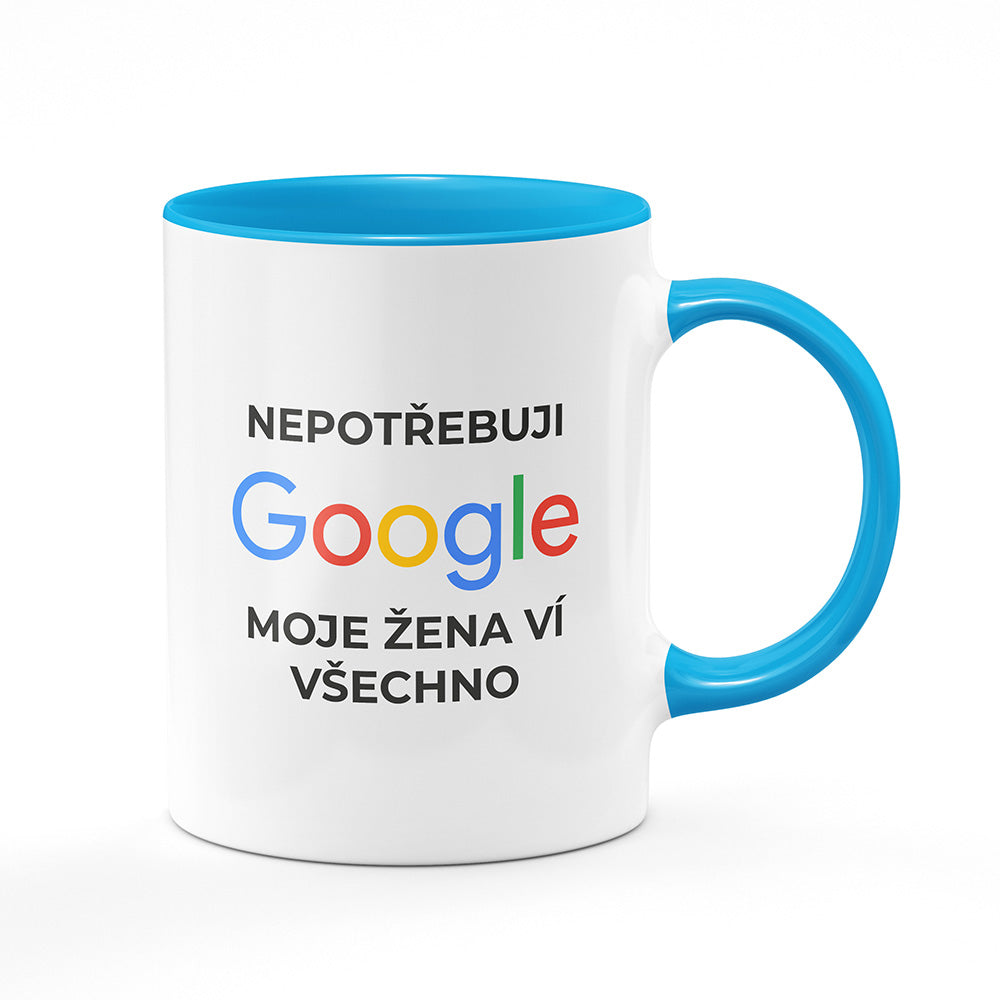 Keramický hrnek bílý s světle modrým lemem vnitřkem a uchem motiv Nepotřebuji google...