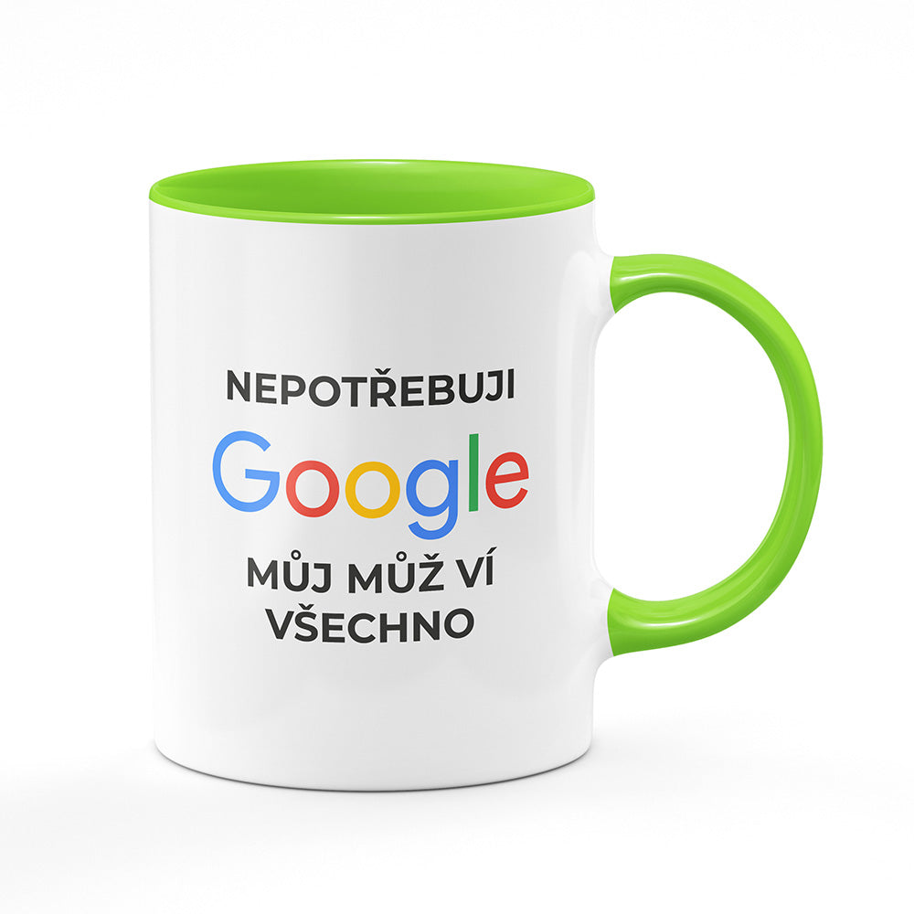 Keramický hrnek bílý s světle zeleným lemem vnitřkem a uchem motiv Nepotřebuji google...