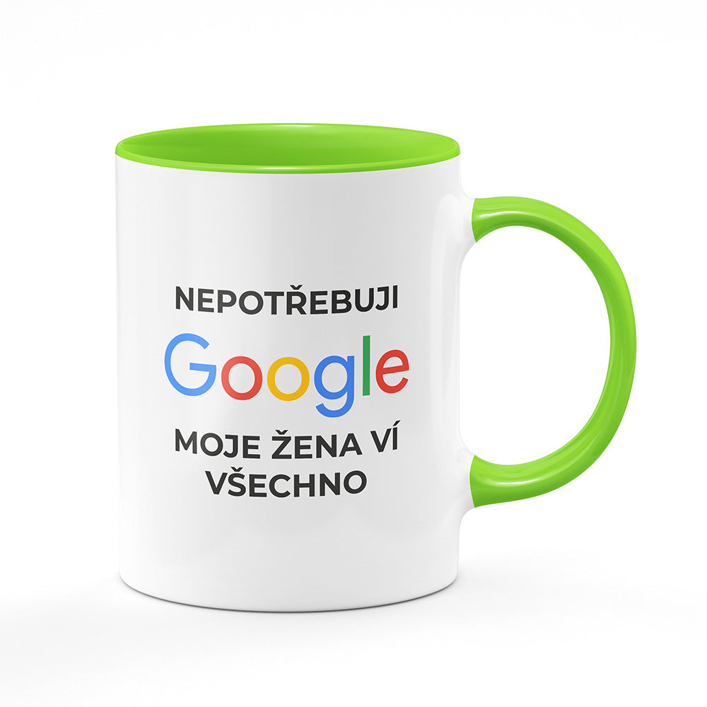 Keramický hrnek bílý s světle zeleným lemem vnitřkem a uchem motiv Nepotřebuji google...