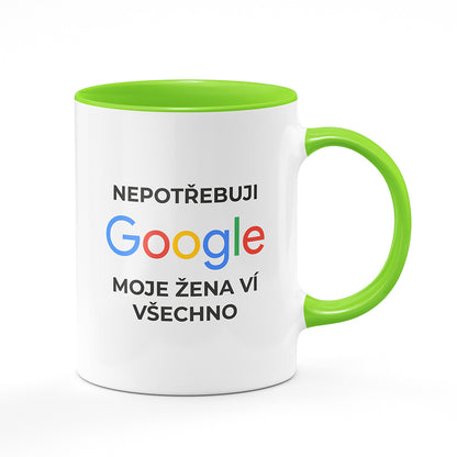 Keramický hrnek bílý s světle zeleným lemem vnitřkem a uchem motiv Nepotřebuji google...