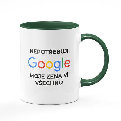 Keramický hrnek bílý s zeleným lemem vnitřkem a uchem motiv Nepotřebuji google...