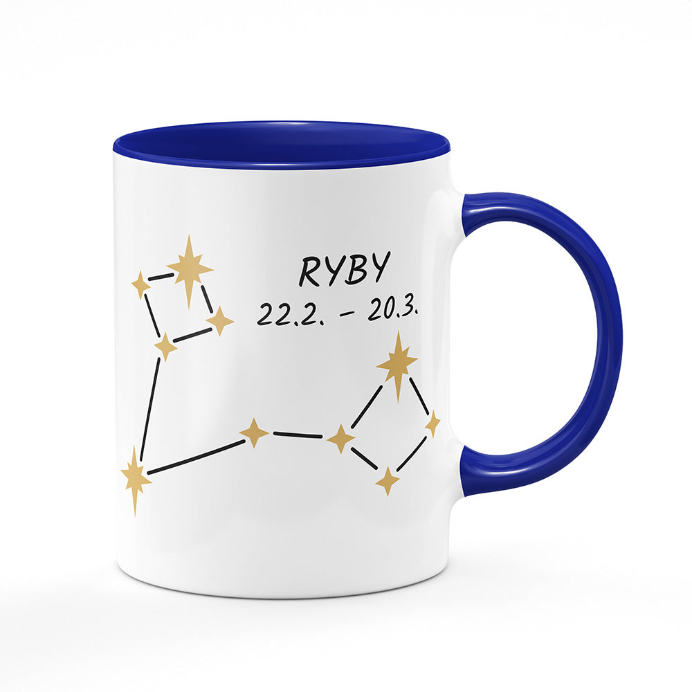 Keramický hrnek bílý s modrým lemem vnitřkem a uchem motiv Ryby