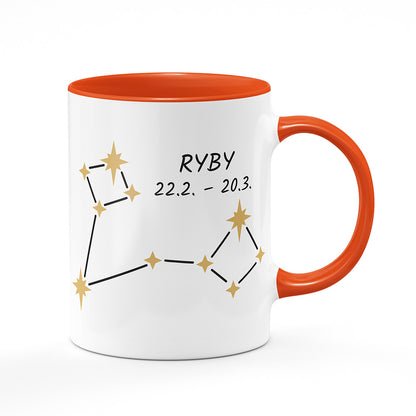 Keramický hrnek bílý s oranžovým lemem vnitřkem a uchem motiv Ryby